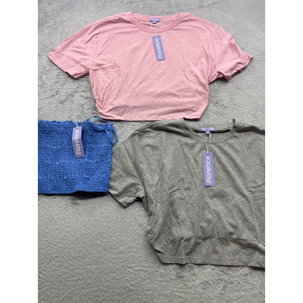 Florence by Mills Womens Large lot of 3 Top Pink Gray Crop Tee Blue Smocked Tube